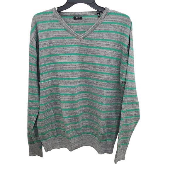 PD&C Men's Heather‎ Gray Bright Green Stripe Preppy Academia V-Neck Sweater Sz M - Picture 1 of 6